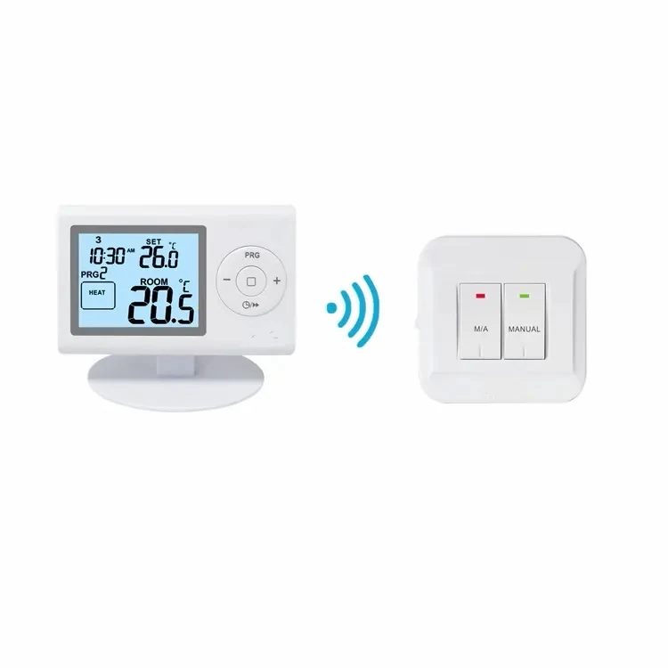 ST2402RF wireless RF programmable thermostat mounted in a living room