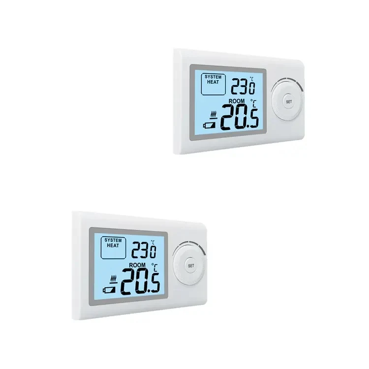 ST2403 230V non-programmable room thermostat with large push button, view 2