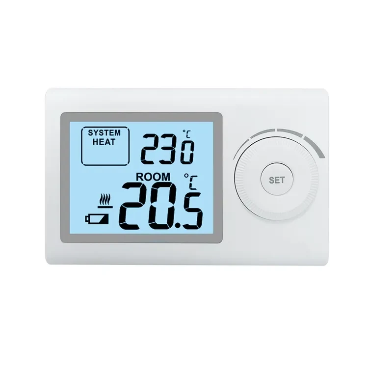 ST2403RF wireless gas boiler thermostat showing room set and floor temperature, view 2