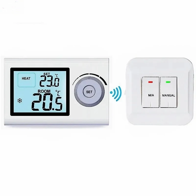 ST2403RF wireless gas boiler thermostat showing room set and floor temperature