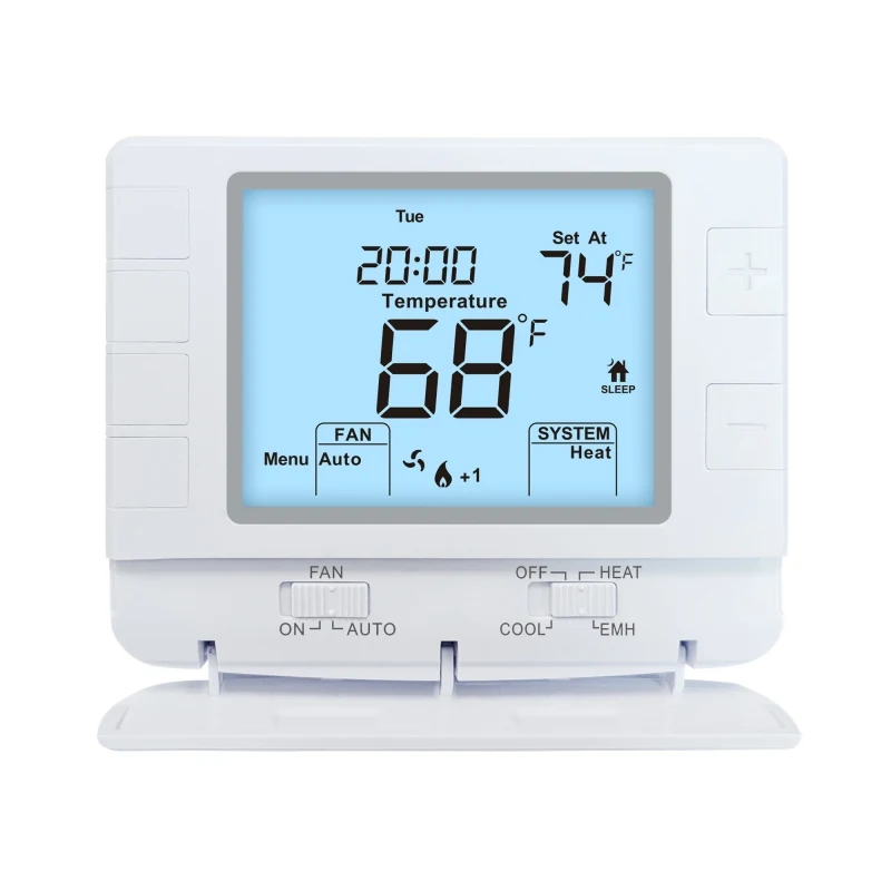 STN1320 non-programmable heat pump thermostat front view with backlit LCD, view 2
