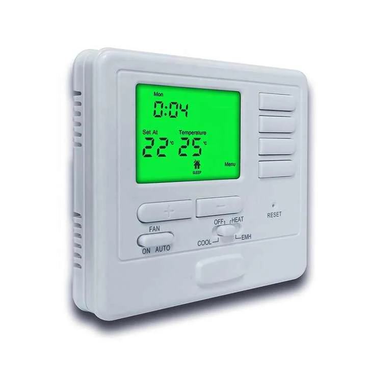 S725 wall mounted programmable heat pump thermostat with green backlit display, view 4