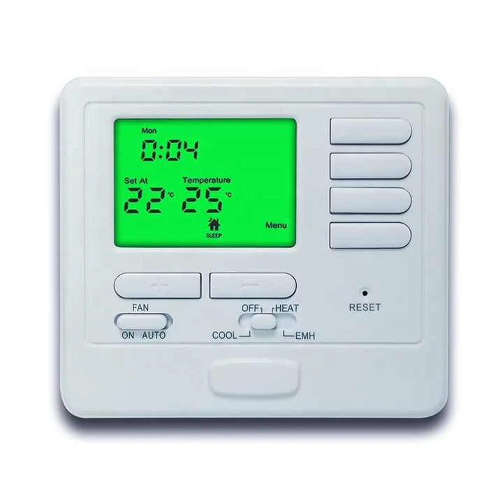 S725 wall mounted programmable heat pump thermostat with green backlit display