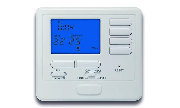 S725 wall mounted programmable heat pump thermostat with green backlit display, view 3