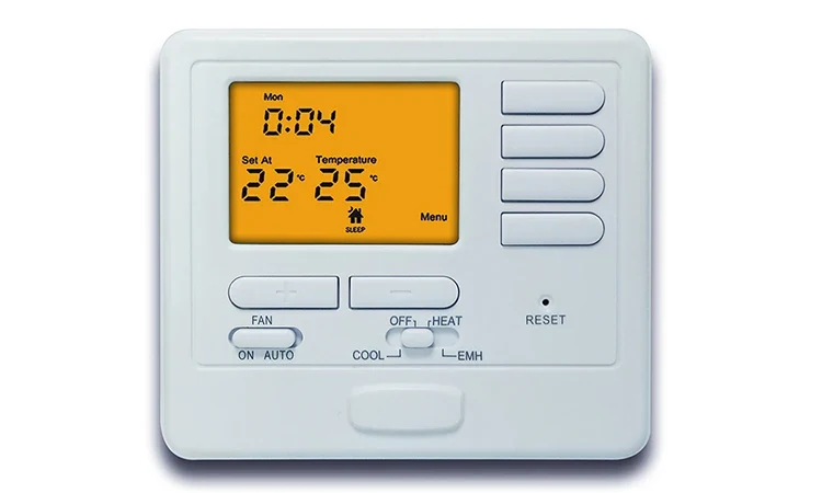 S725 wall mounted programmable heat pump thermostat with green backlit display, view 2