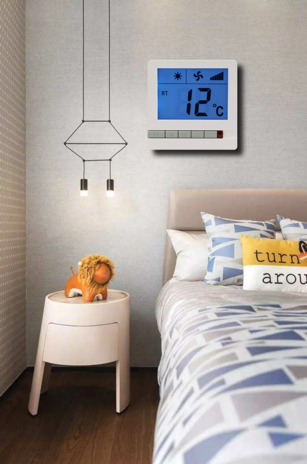 OCTK601AC wired central air conditioner thermostat showing fan speed and setpoint, view 6