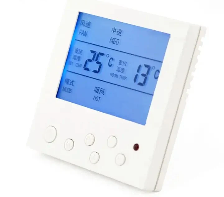 OCTK601AC wired central air conditioner thermostat showing fan speed and setpoint, view 3