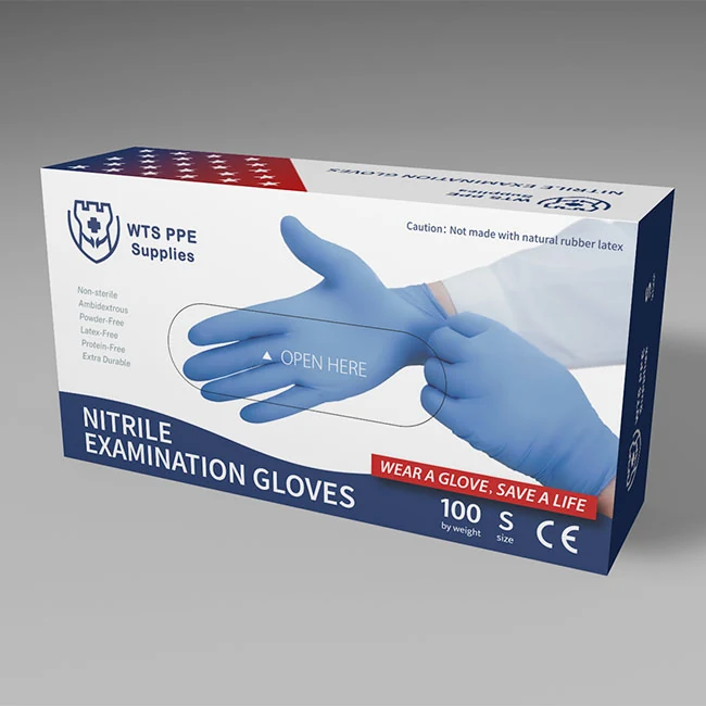 Nitrile examination glove cartons under the WTS PPE Supplies brand