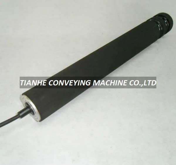 24V/48V DC brushless motorized roller with rubber coating and double O groove, 76mm diameter, mounted on a conveyor frame