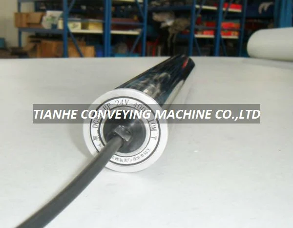 24V DC brushless motorized roller with speed control box, 60mm diameter, 40W power, mounted on a conveyor frame
