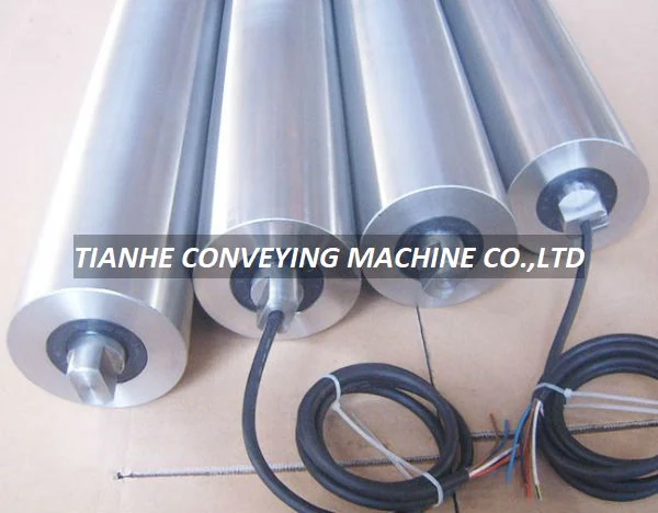 76mm diameter DC brushless motorized roller with integrated speed control box, galvanized tube, mounted on a conveyor frame