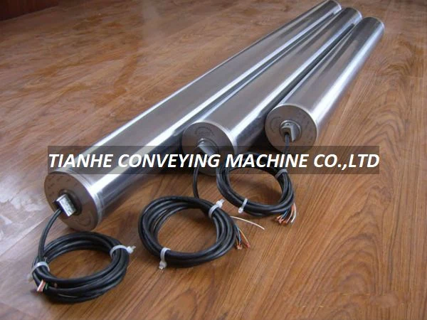 80 mm diameter DC brushless motorized roller with stainless steel SUS304 tube, mounted on a conveyor frame