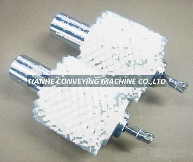 AC motorized roller with brush, 60 mm diameter, 380V, mounted on a conveyor frame with visible motor and brush housing