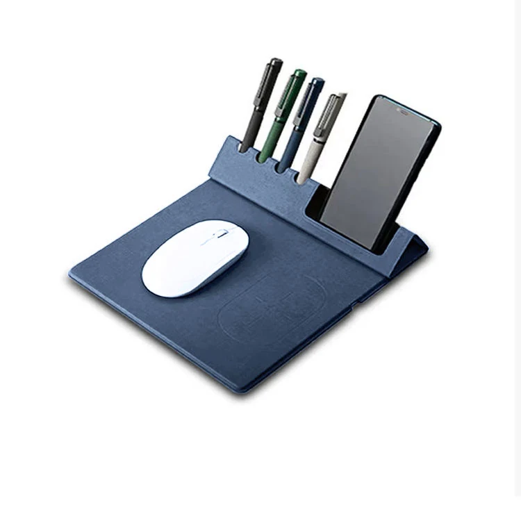 Blue desk pad with phone on the wireless charging zone