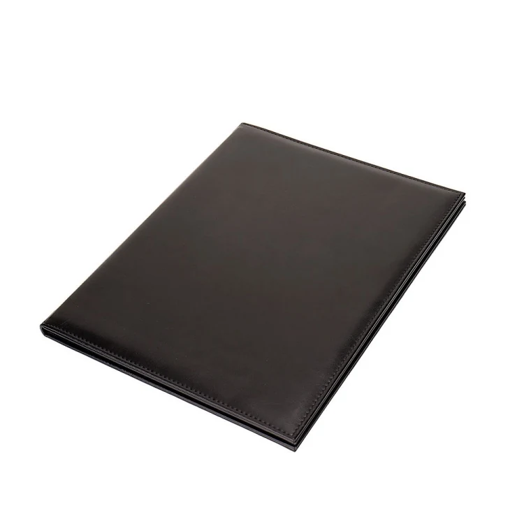 Embossed logo detail on the black leather menu binder