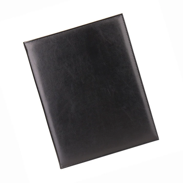 Stack of black leather menu binders