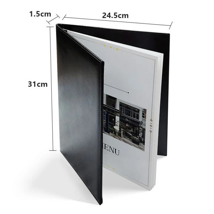 Menu binder open showing rivet-fastened menu pages