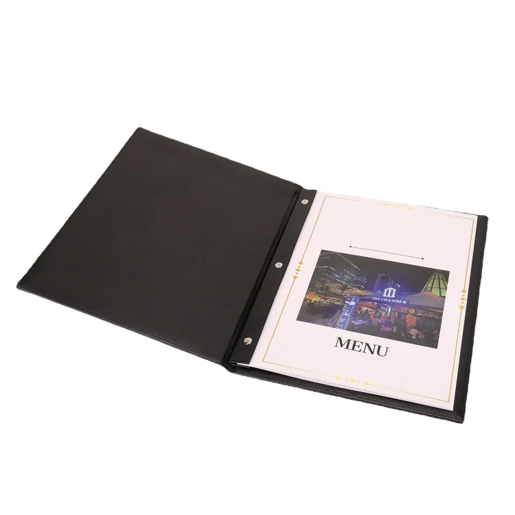 Black leather menu binder with removable pages