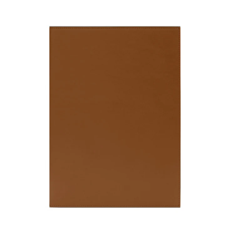 Embossed MENU lettering on the brown leather cover