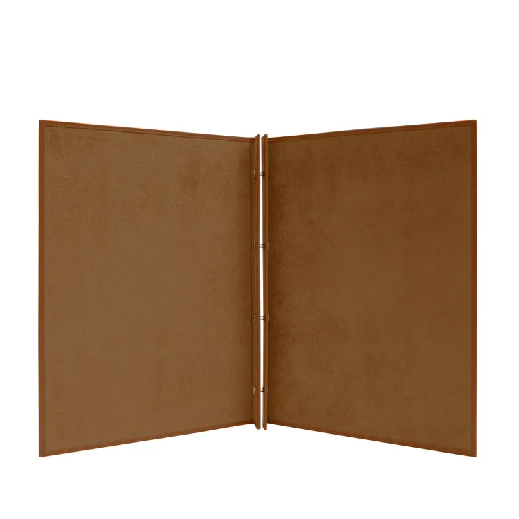 Brown leather loose-leaf menu folder with embossed logo