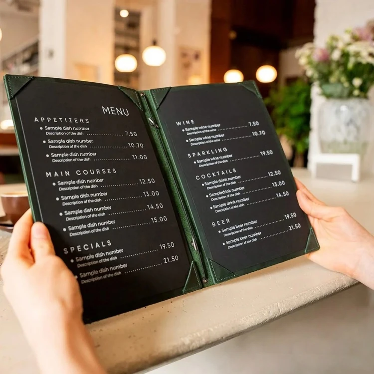 Leather menu holder presented to guests in a restaurant