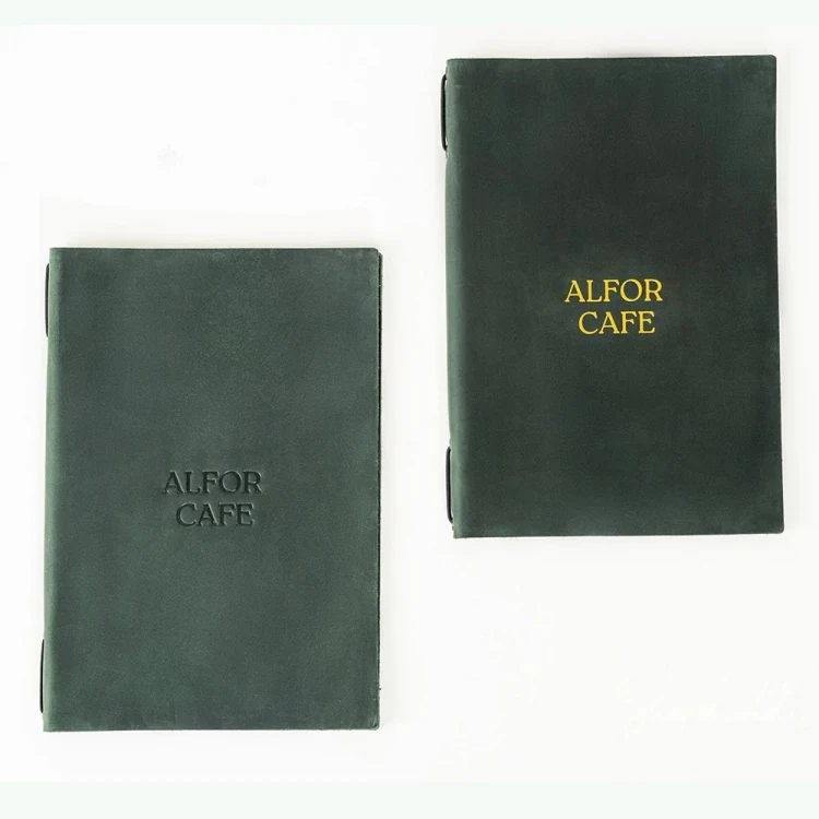Dark green leather menu holder with rope fastening