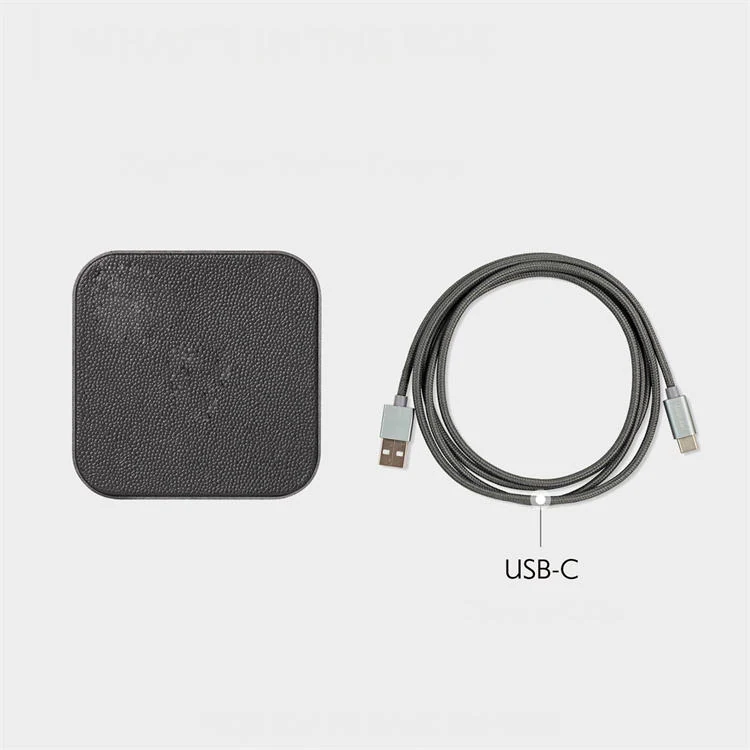 Black faux leather Qi wireless charger with braided USB-C cable