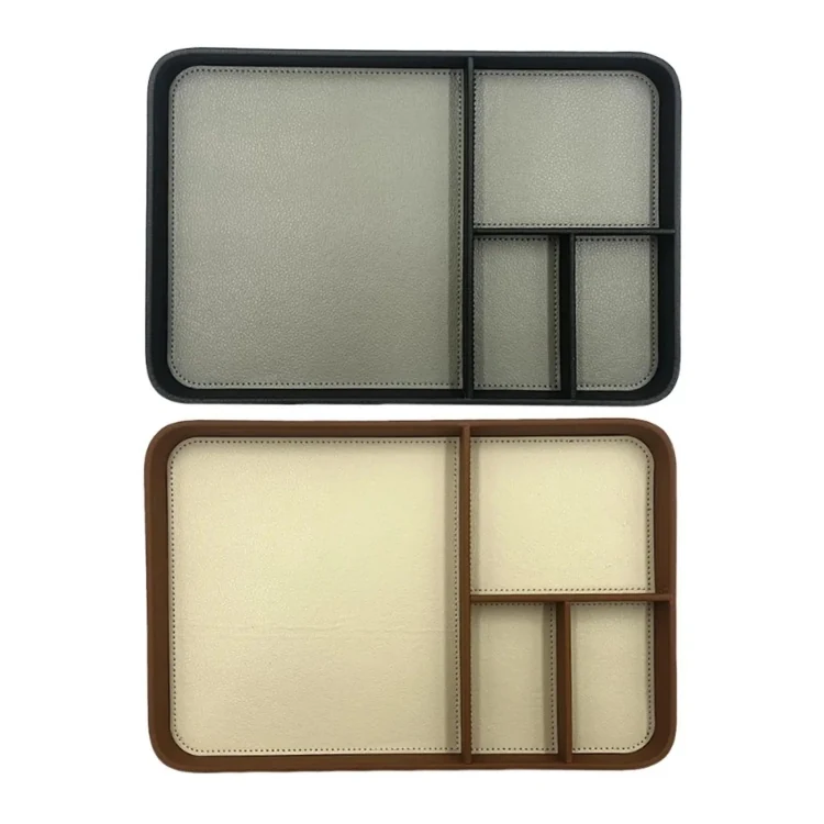Leather multi-compartment tech organiser tray with a phone and earbuds