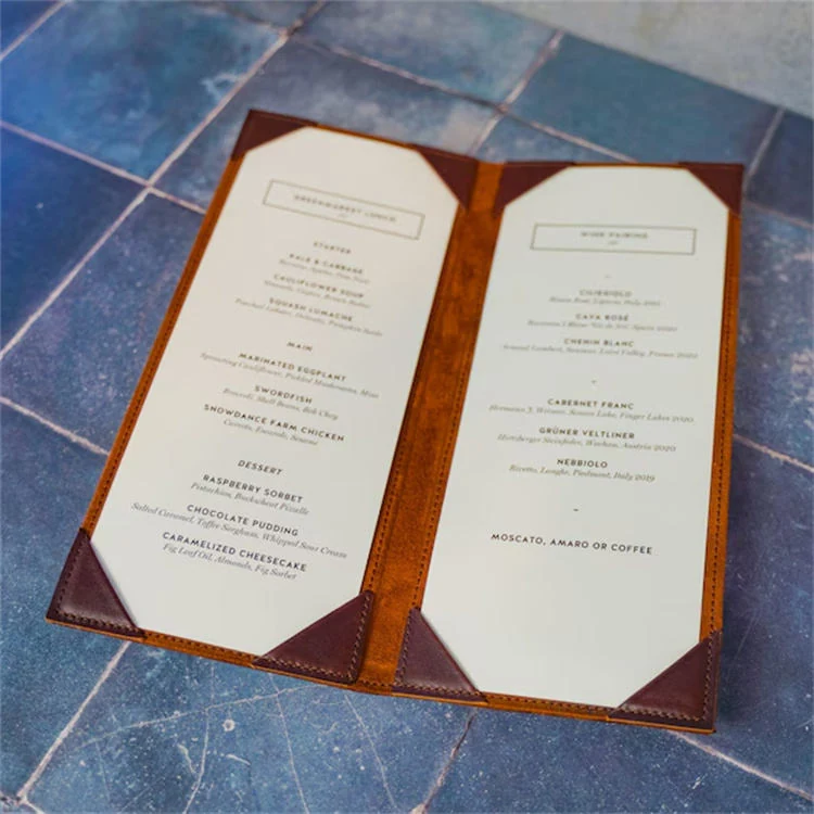 Leather menu holder on a restaurant table