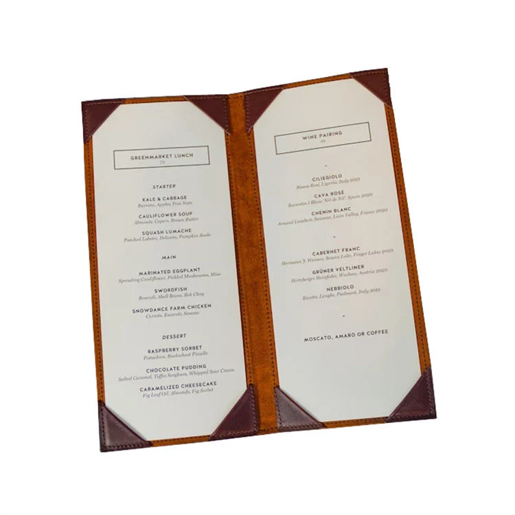 Brown full-grain leather restaurant menu holder