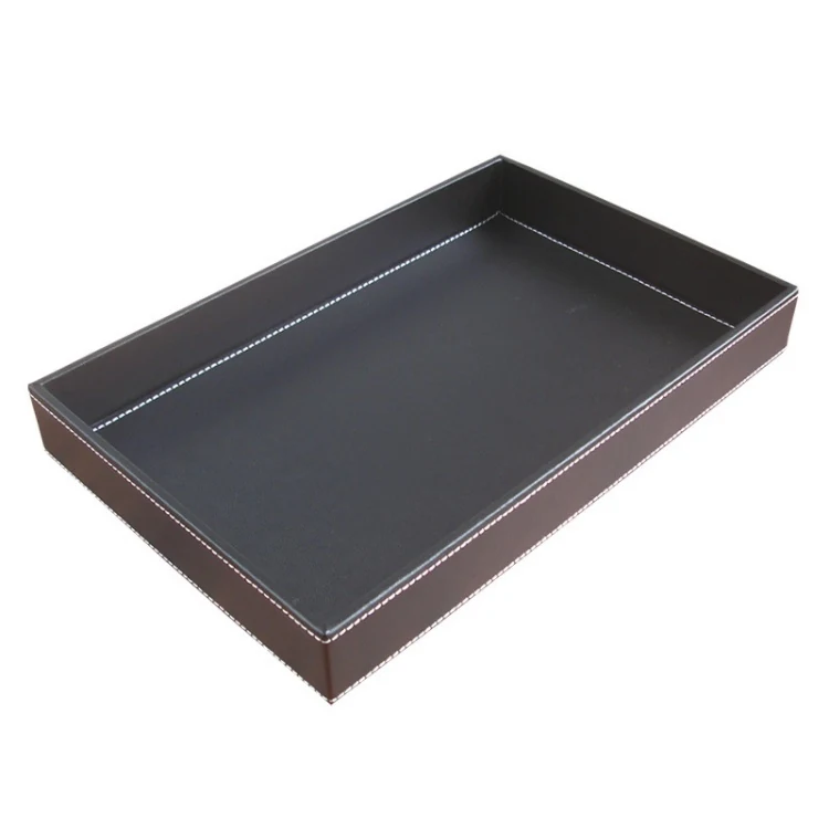 Black-brown leather serving tray with reinforced handles