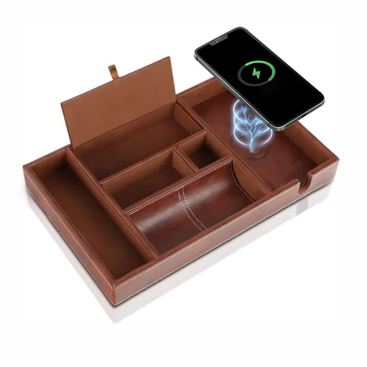 Brown leather wireless charging desk organiser with multiple compartments