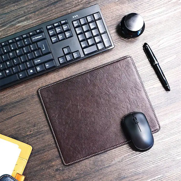 Leather mouse pad in use with a wireless mouse