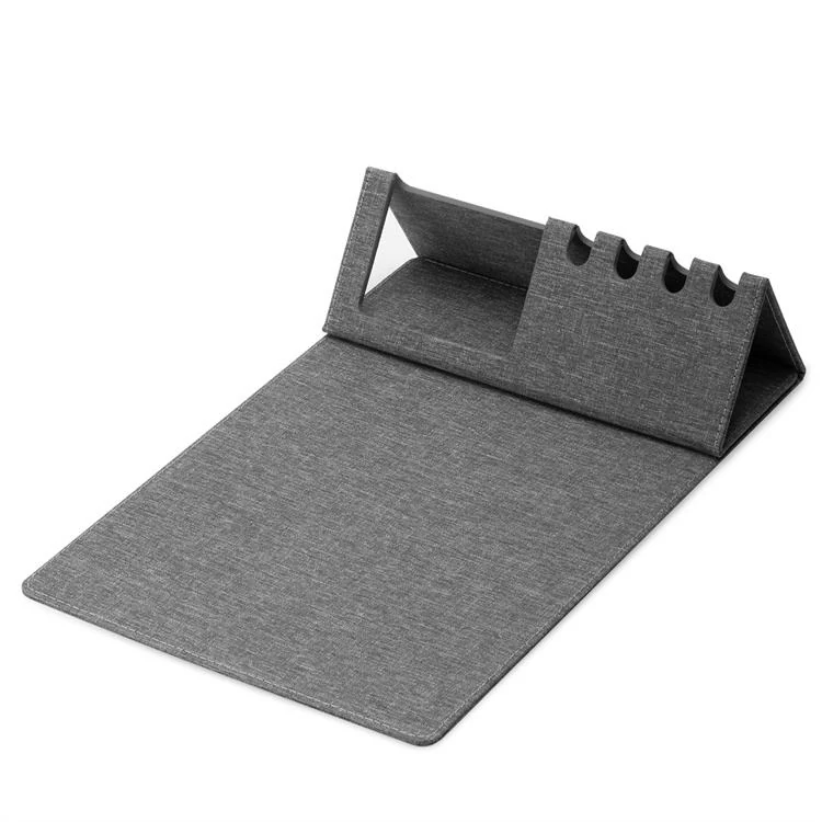 Grey multi-functional fabric desk mat with phone stand and pen holder