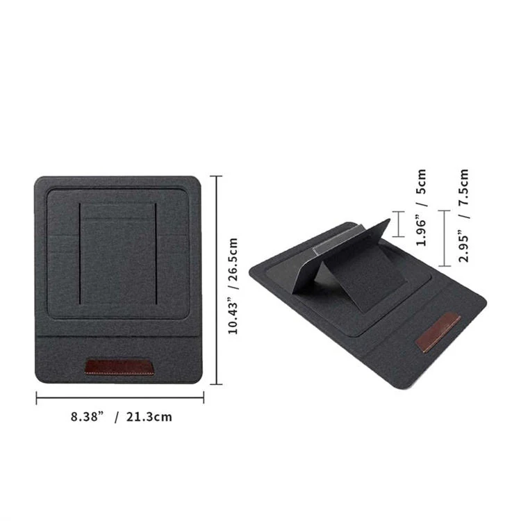 Dark grey felt device stand mat with leather accents