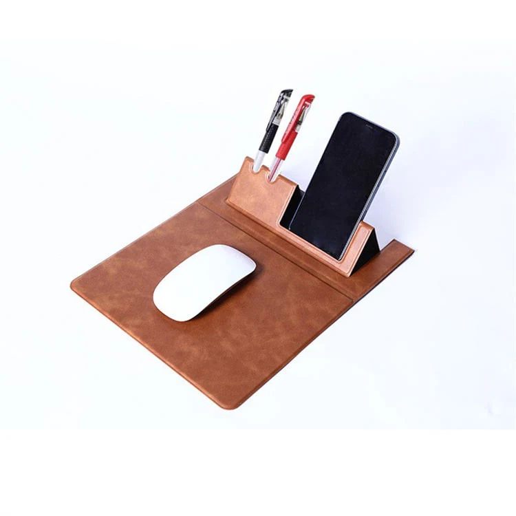 Brown multi-functional leather desk mat with phone stand and pen slots