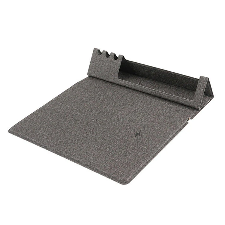 Grey wireless charging fabric desk mat with phone stand and pen holder