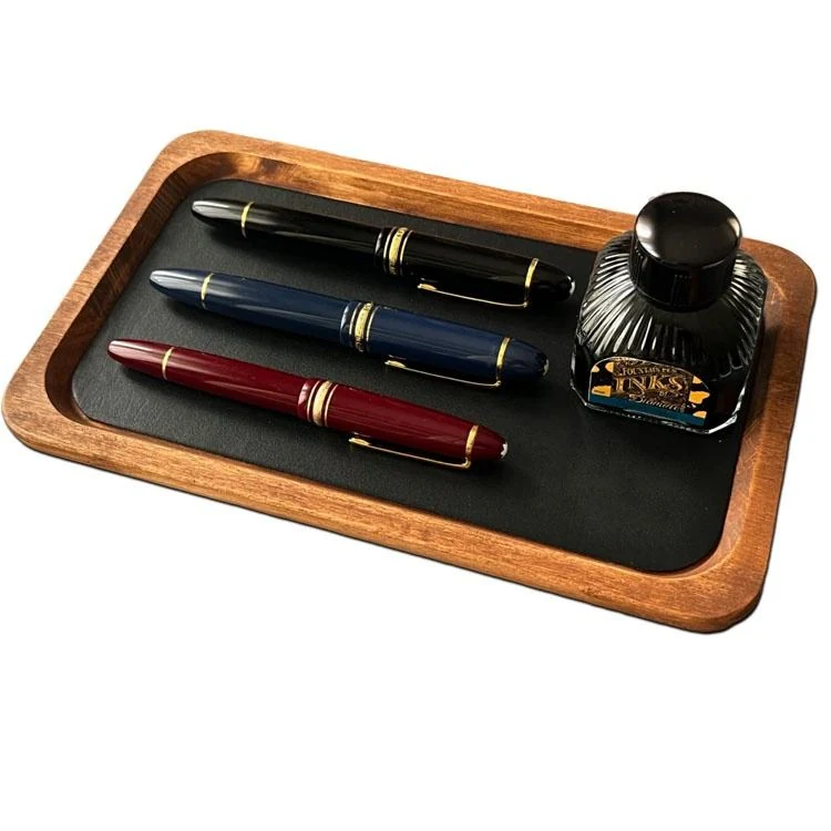 Wooden leather tray shown from above