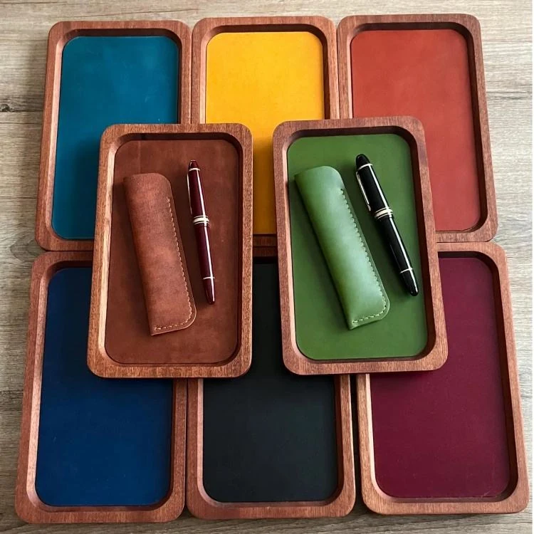 Wooden leather storage trays in several lining colours