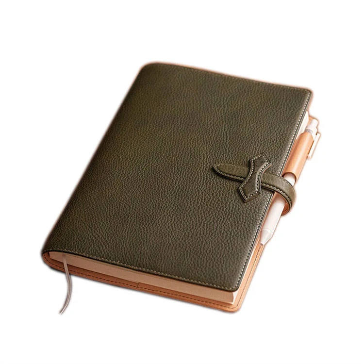 Blue time-tanned leather notebook cover with X-shaped buckle