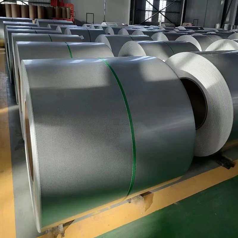 Spangled galvanized steel coil close up in a warehouse