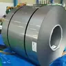 Single steel coil standing on end with label on blue sheeting