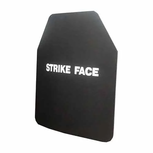 Black curved ballistic armor plate on a white background
