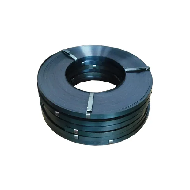 Blue tinted spring steel strip wound into a coil