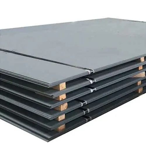 Stack of gray steel plates strapped over wooden battens