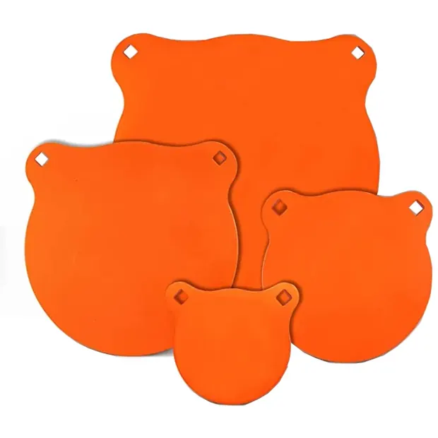 Four orange coated steel gong shooting targets in graduated sizes