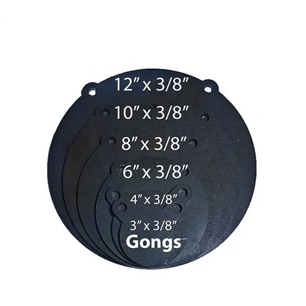Round black steel gong targets nested in graduated sizes