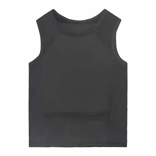 Black sleeveless ballistic vest panel laid flat on white