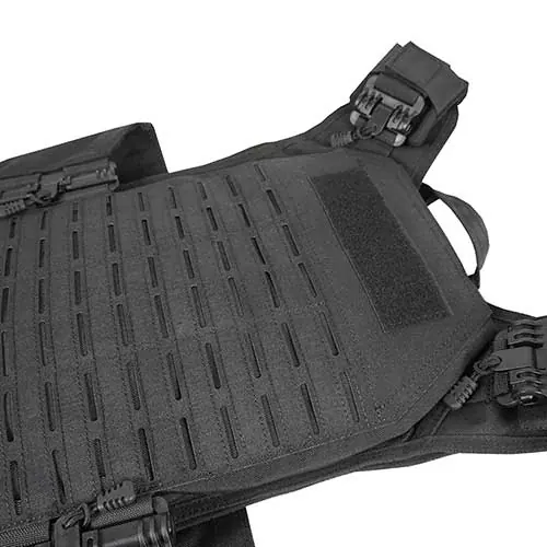 Angled view of black plate carrier showing laser-cut webbing rows