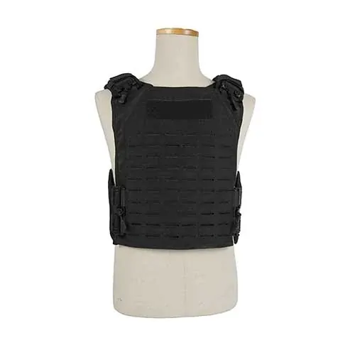 Black tactical vest with padded shoulder straps on mannequin